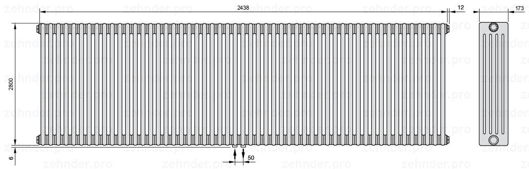 Схема (чертеж) Радиатор Zehnder Charleston 5280/53 №3470 Белый глянцевый RAL 9016